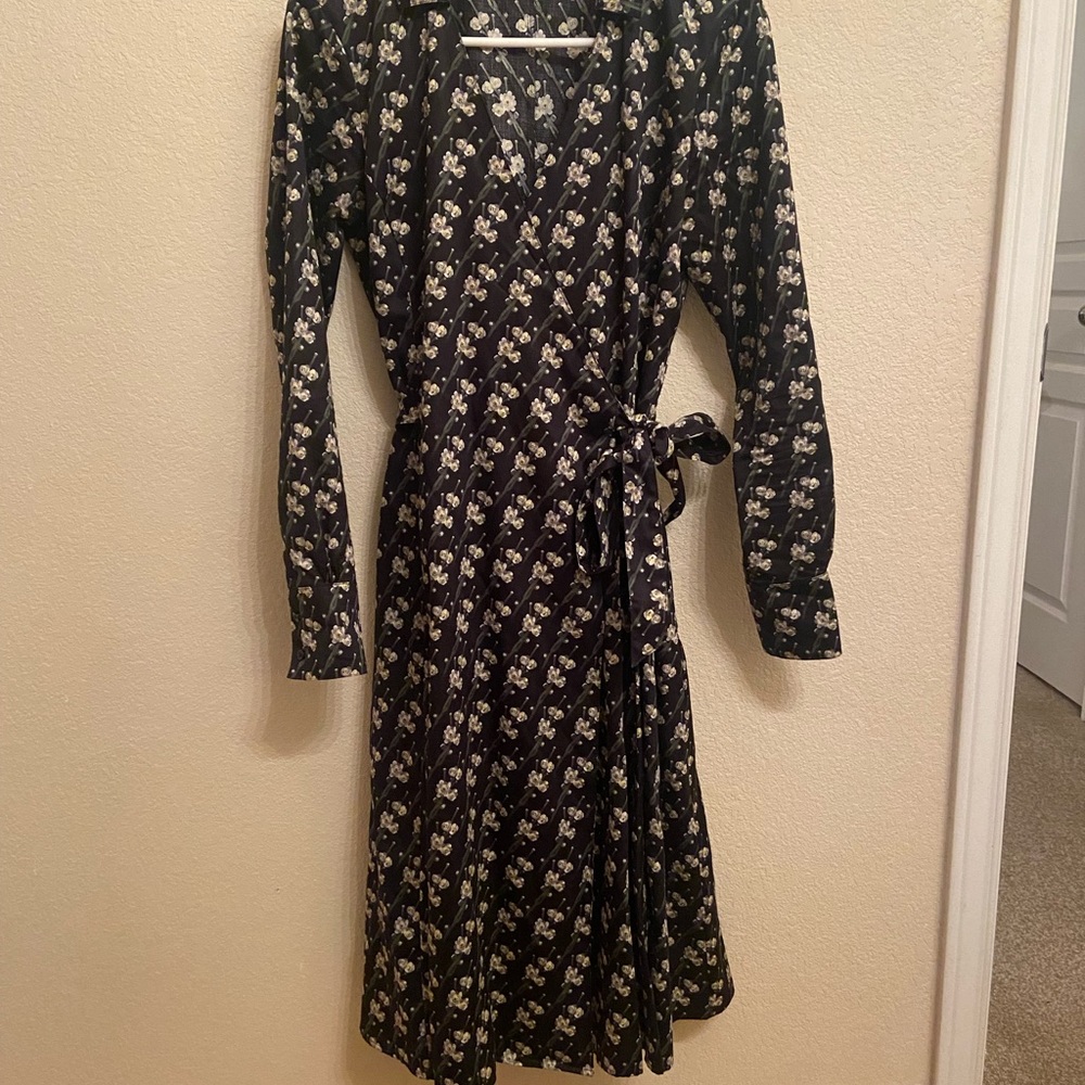 Cotton wrap knee length black floral dress, pleated skirt, like new!